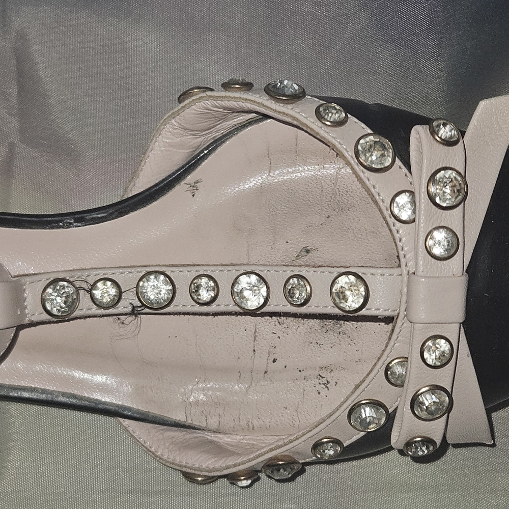 Kate Spade Patent Leather Black & Blush Pointed T-Strap,Rhinestones Kitten Heel - Picture 5 of 11